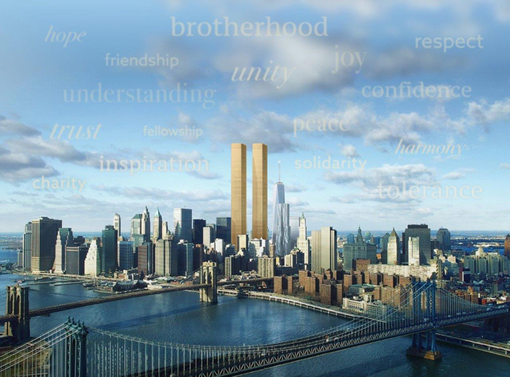 Twin Towers above the New York skyline, with words including unity, peace, friendship and hope